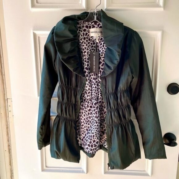 Green Silk Jacket Womens Sz XS to S with Ruffled Collar Cinched Waist - Picture 7 of 12